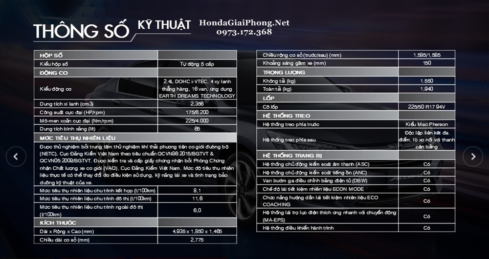 01 Thong so ky thuat xe honda accord 2018 viet nam