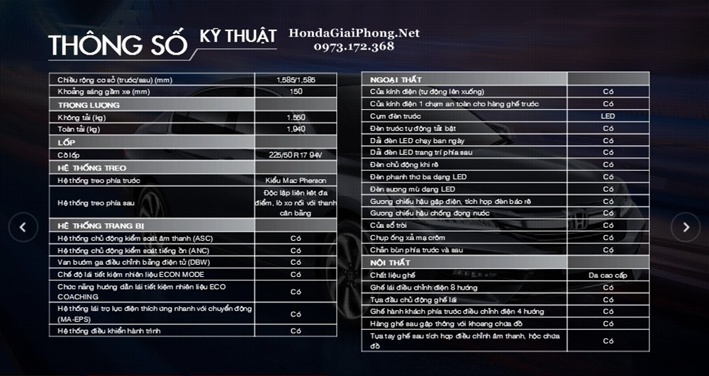 02 Thong so ky thuat xe honda accord 2018 viet nam